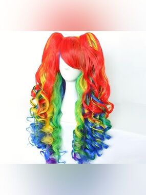 Rainbow Mixed-Color Long Curly Women's Wig - Vibrant Red to Blue